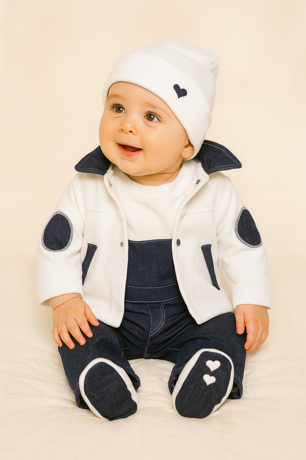 Ensemble 3 pièces 100% coton bio - salopette-veste-bonnet