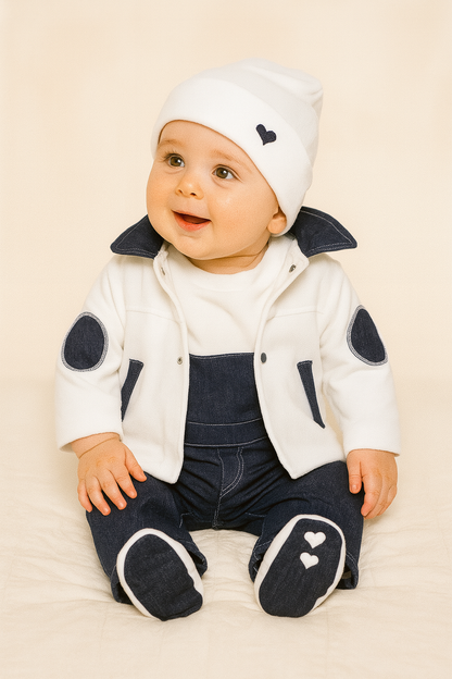 Ensemble 3 pièces 100% coton bio - salopette-veste-bonnet